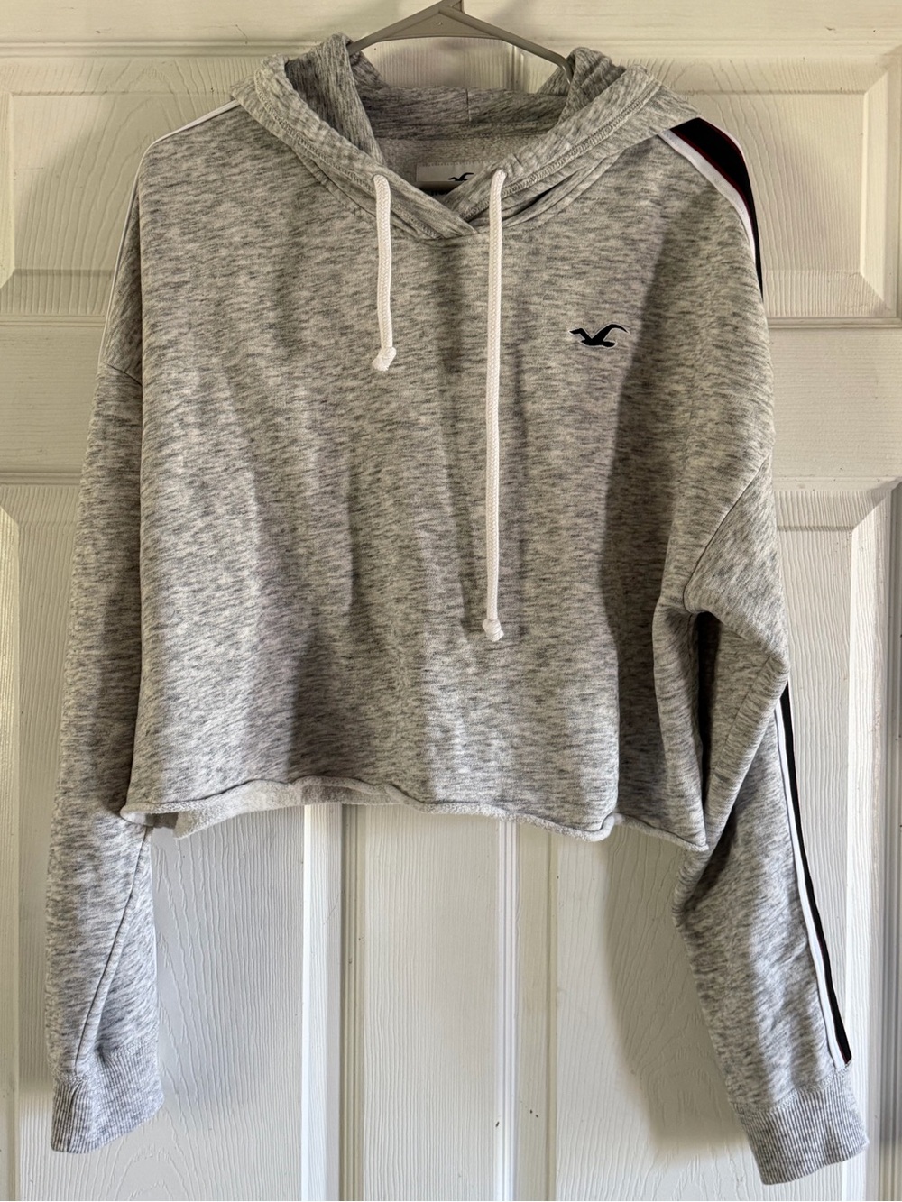 Hollister Heather Gray Cropped Hoodie with Navy Logo and Black Shoulder Stripe